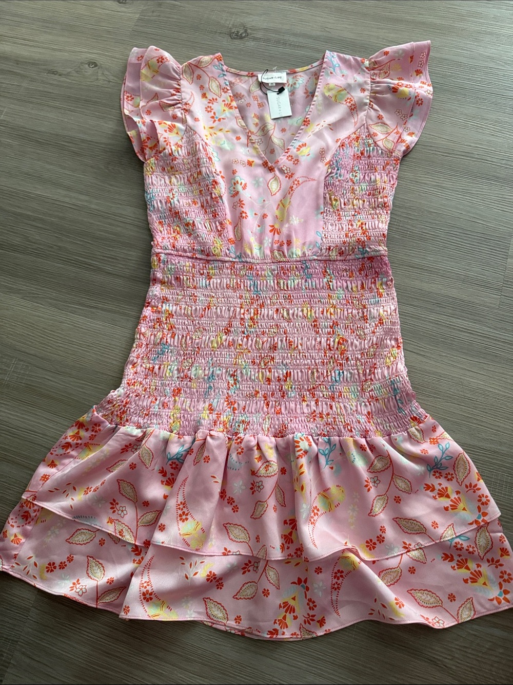 Sugarlips Pink Floral Smocked Ruffle Dress